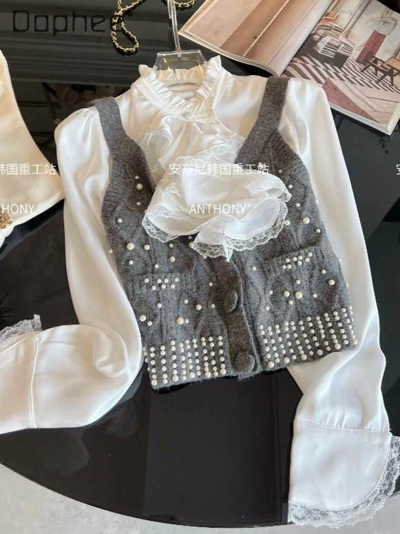 

Милый темперамент, светский искусственный двухсекционный свитер, жилет, рубашка, женская высококачественная тонкая модная блузка с длинным рукавом и бисером, жемчугом