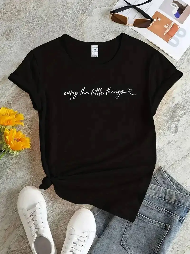 Women T Shirt Print Crew Neck Loose Tops Tee Black Female Summer T-Shirt 90S Girls Graphic Cute Short Sleeves