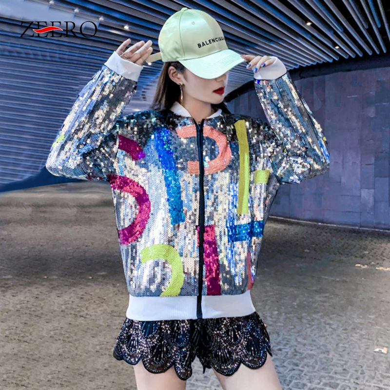 

Korean Fashion Women Loose Letters Print Sequins Coats Short Jacket Spring Autumn Female Casual Crop Coats Outerwear Streetwear