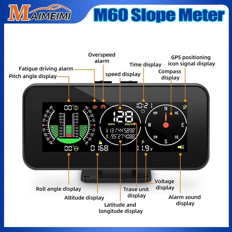 

MH GPS Speedometer Off Road Accessories Car Head Up Display Overspeed Alarm M60 Digital Speed Slope Meter Compass Inclinometer