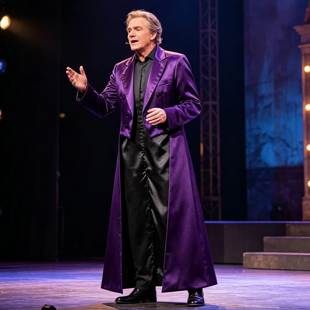 Vintage Men Purple Satin Long Tail Coat Double Breasted Stage Show Magician Costume Formal Modern 1 Piece Long Jacket