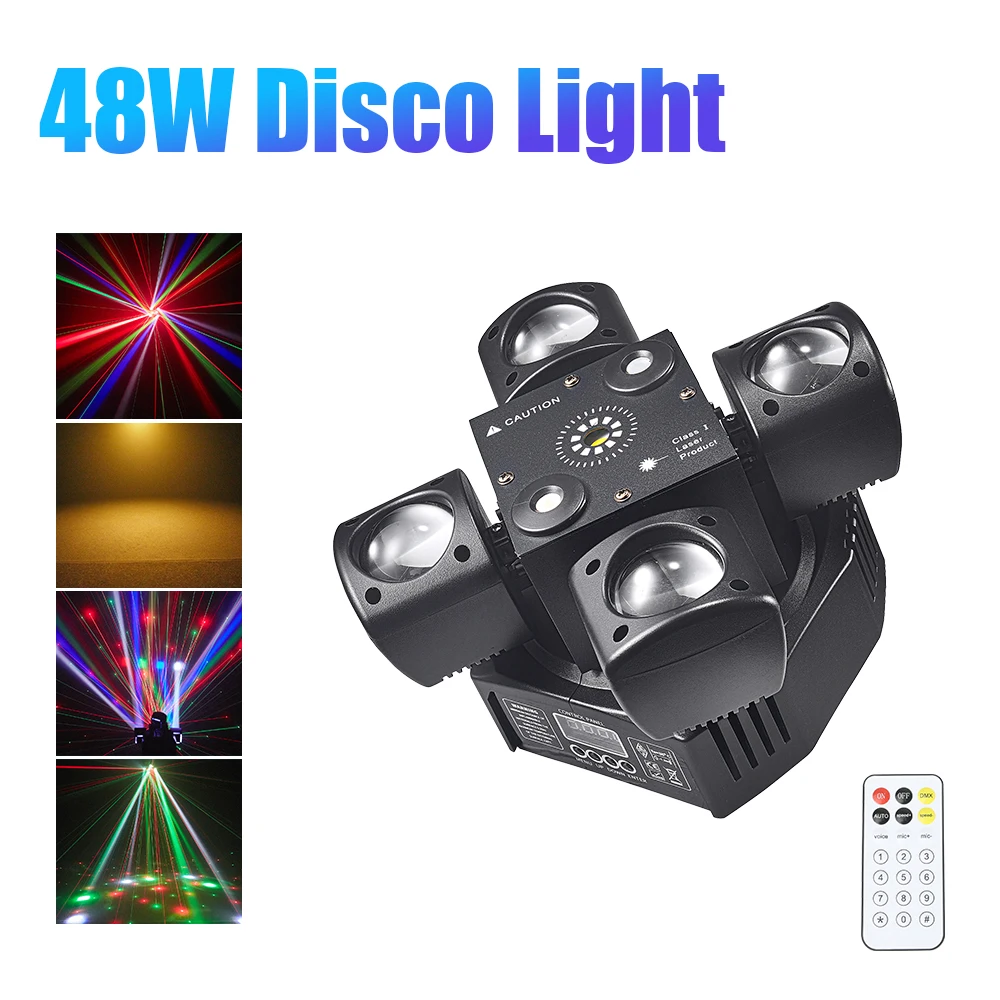 DJ 48W Disco Lights 4 Arm Mini Moving Head DJ Mobile Light DMX512 Светодиодный луч Стробоскоп RGBW Вечеринка Ночной клуб Бар Сценический свет