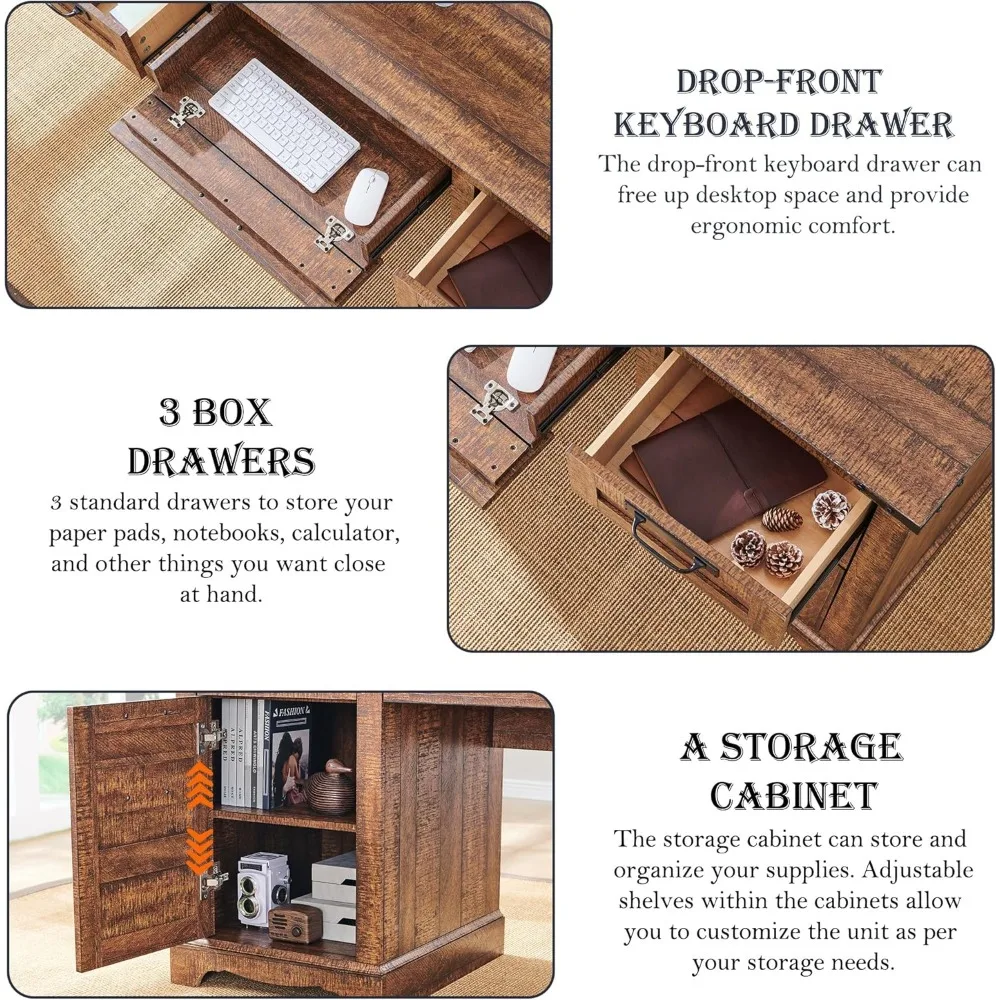 RedLemon 60 Escritorio estilo granja con aparador, escritorio ejecutivo de madera para oficina en casa con cajones, estación de carga, bandeja para teclado,