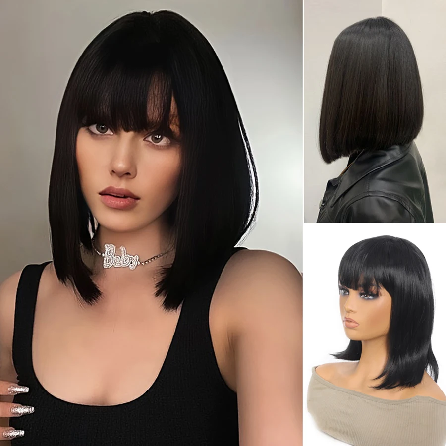 Synthetic short bob wig with bangs breathable hairnet wig 14inch pink bug straight Cosplay Daily Party Wig For Women For Daily