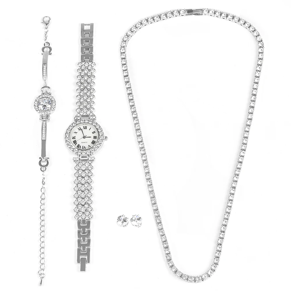 5pcs Women Watch Jewelry Set Stylish Iced Out Zircon Wrist Watch Bracelet Earrings Hip-hop Tennis Chain Luxury Trend Party Gift