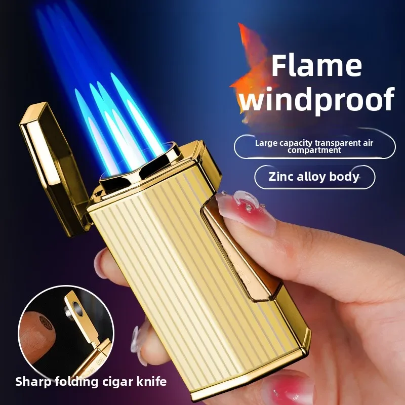 

Luxury 4 Flame Windproof Turbo Lighter Outdoor Metal Butane Gas Torch Lighter With Cigar Knife Multifunctional Tool Men's Gift