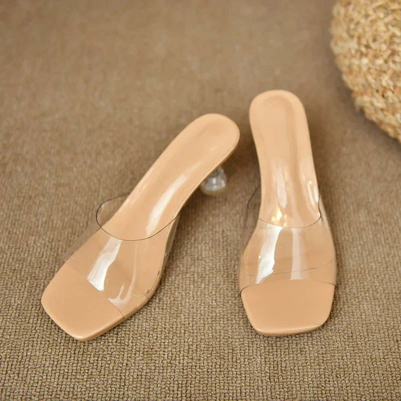 Transparent PVC Slip On Slippers  Wedge Sandals In Silver sleek square toe and flared heel  metallic color women shoes