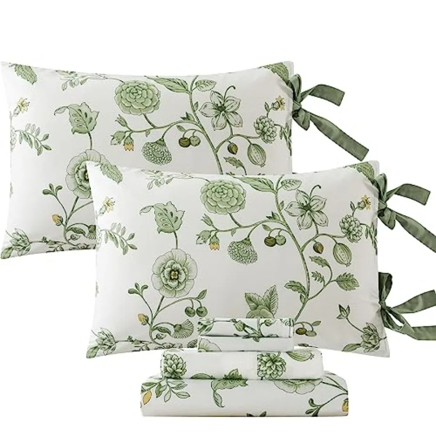 Size Sheets Premium Percale Cotton Floral Bed Sheet Set Shabby Vintage Chic Bedding Toile Sheets Flower Print Bowknot Crisp Bre