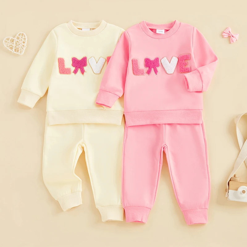 Toddler Girls Valentine Outfits Bow Letter Embroidery Long Sleeve Sweatshirt and Elastic Pants Set Baby Clothes