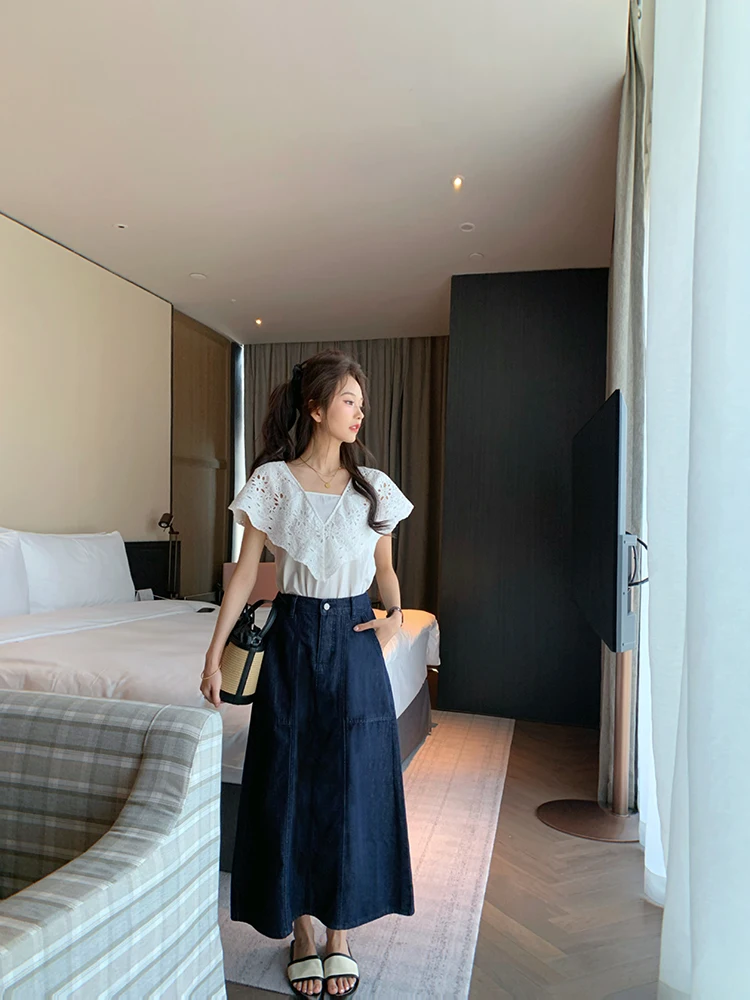 

Retro Deep Blue Denim Midi Skirt Thin High Waist Slimming Meat Covering Long Skirt Summer Casual Cotton A-Line Skirt