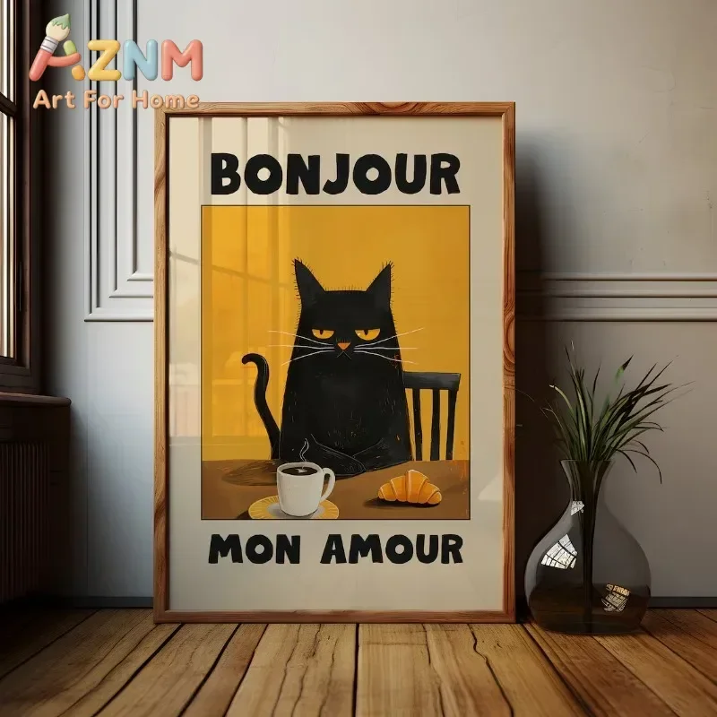 Modern Black Cat Illustration with Yellow Background Perfect for Living Room Hallway Decor, Cute Cat Decoration Poster Prints