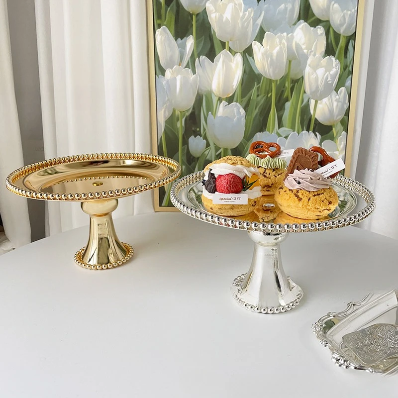 

Fashion Silver Metal Cake Stand Dessert PlateS with Beads Decor Desktop Storage Tray for Wedding Decoration