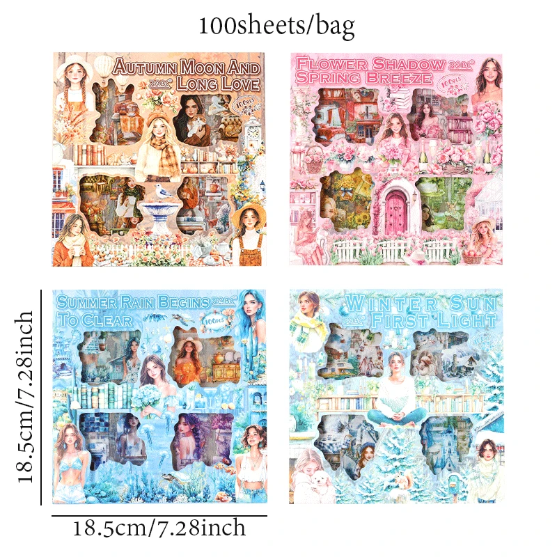 100pcs/Box PET Sticker Flower Blooming Four Seasons Stickers DIY Hand Account Background Stickers Retro Handbooks Decorative