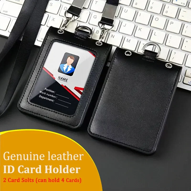 Cowhide ID Badge Holder Work ID Card Holder Single Slot Name Tag Cover with Lanyard for Office Business Staff