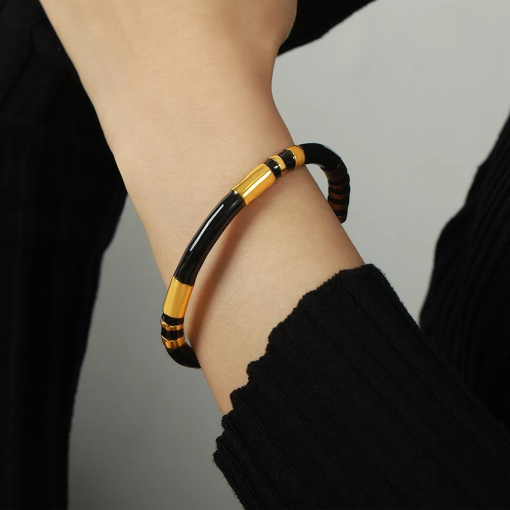 Chic Cuff Bracelets For Women Stainless Steel Beige Black Enamel Women Smooth Bangle Waterproof Charm Daily Jewelry Wholesale