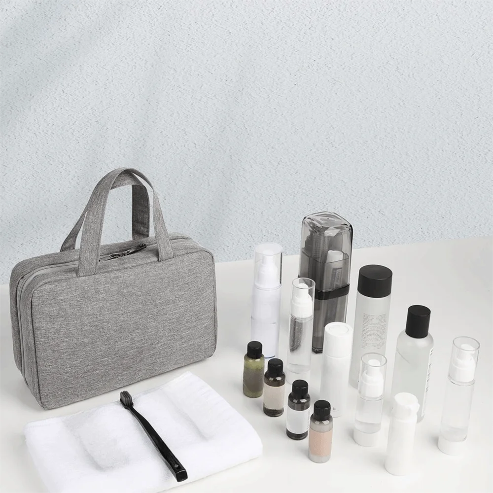 

Casual Solid Color Hanging Cosmetic Bags Zipper Large Capacity Makeup Bags Waterproof Wet Dry Separated Wash Pouch Men