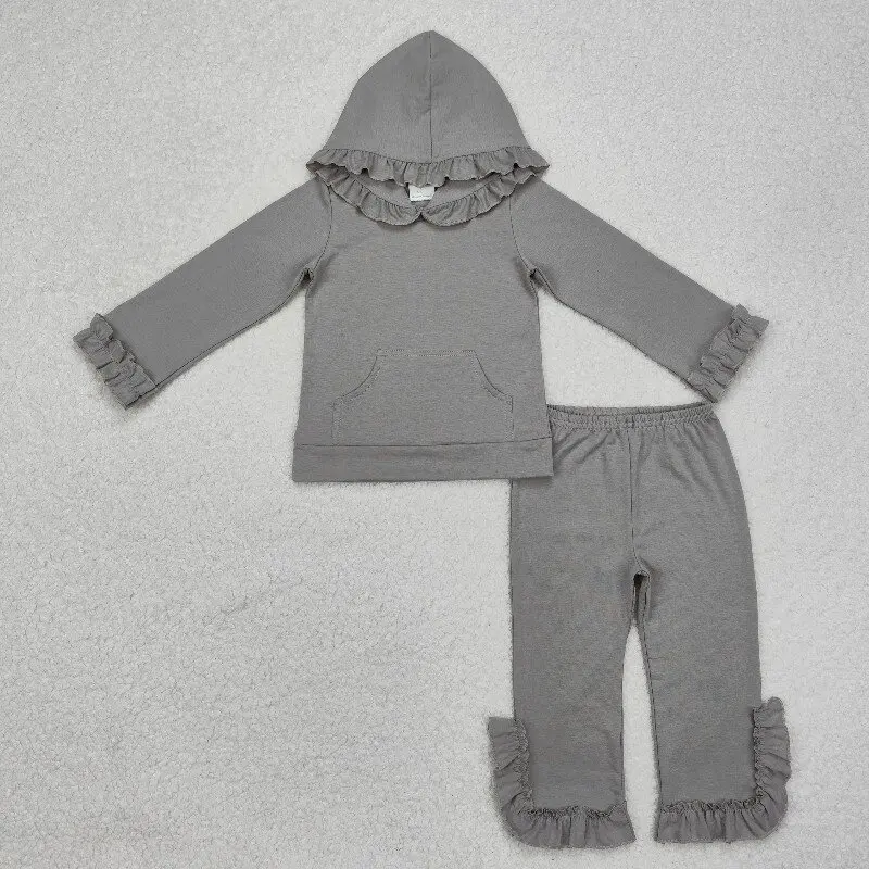 

Winter Girls Clothing Wholesale Boutique Cotton Gray Lace Hooded Long Sleeve Pants Set Pink Lace Long Sleeve Pants Set