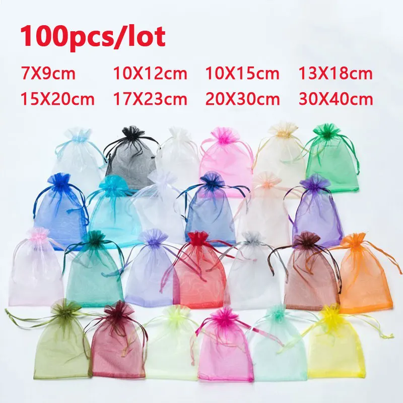 100Pcs/lot 7x9 9x12 10x15 13x18CM Organza Bags Jewelry Bag Wedding Party Decoration Drawable Bags Gift Pouches Jewelry Packaging