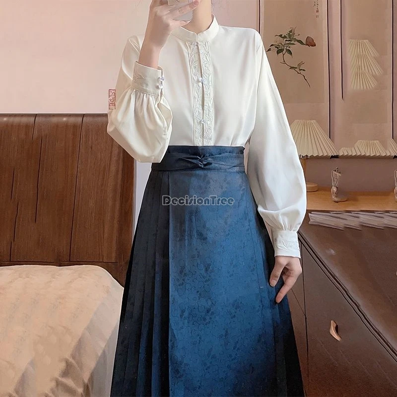 2024 new chinese national solid color jacquard tang suit top stand collar double-breasted hanfu top retro elegant tea art blouse