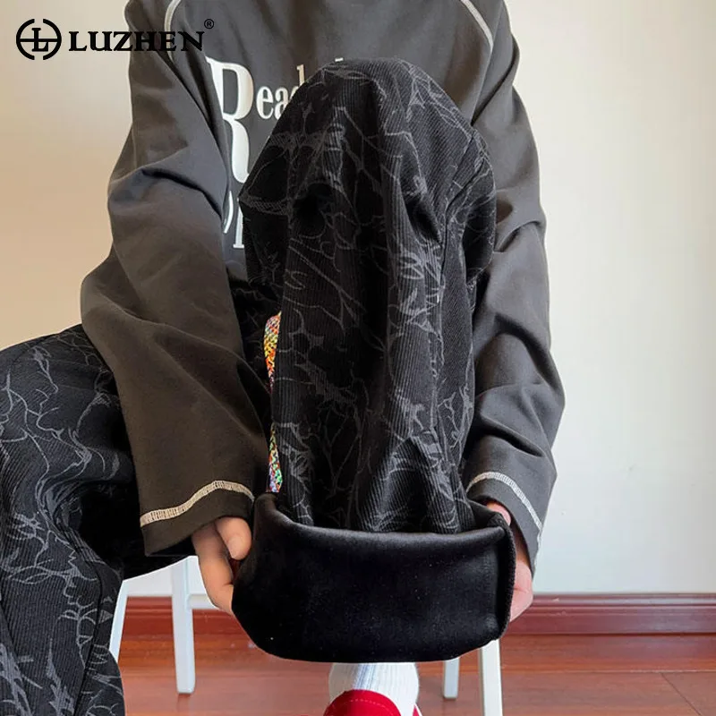 Luzhen 2025 moda inverno design plissado cordão cintura elástica em linha reta calças casuais masculinas calças de rua originais jy4843