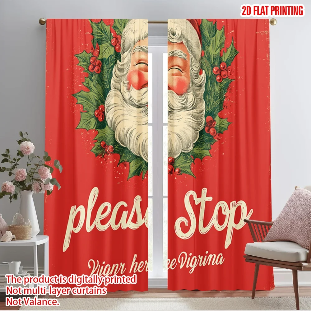 2pcs,2D plane printing Curtains Digital Printed Santa Please Stop Here Versatile Polyester Fabric (without rod) Decorations