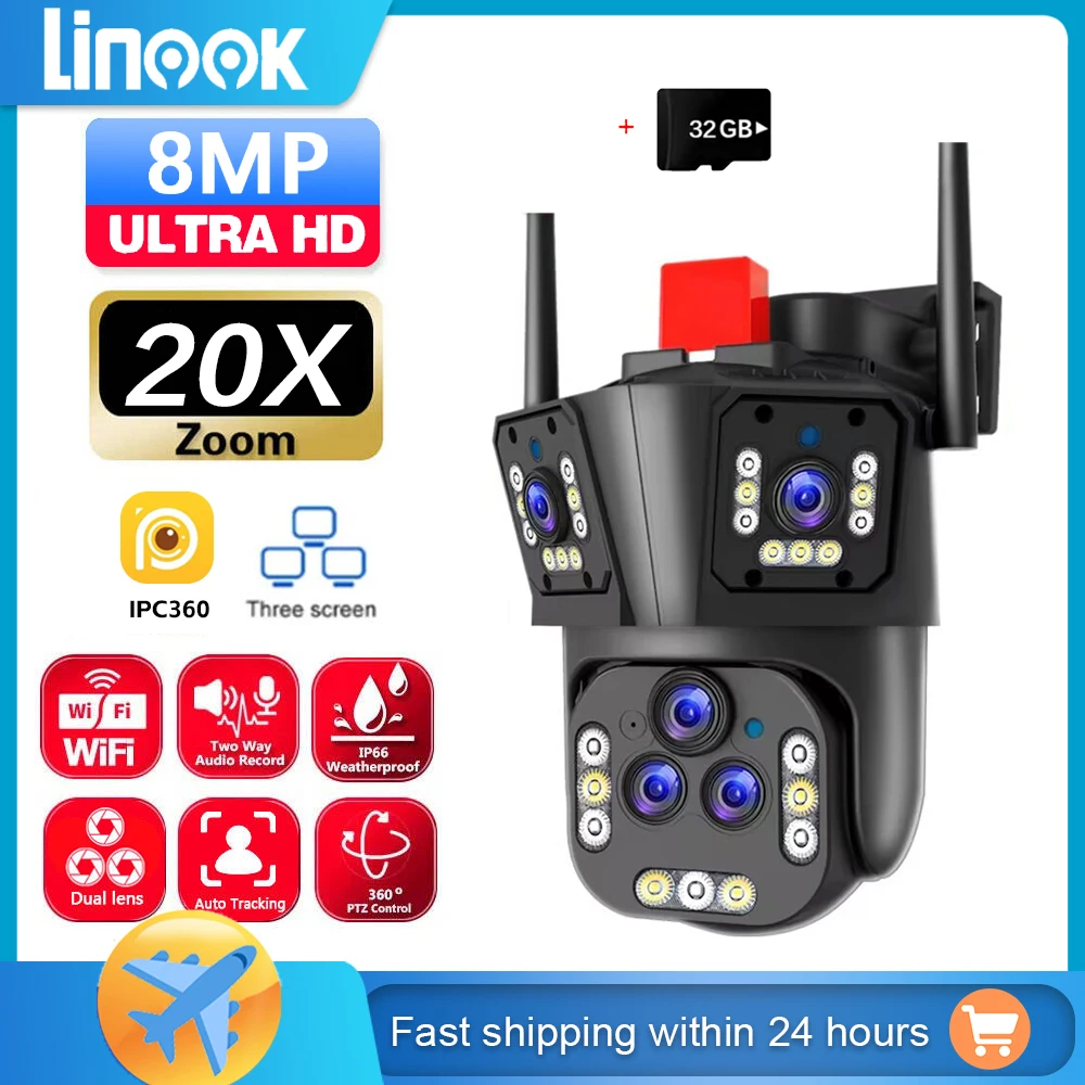 

Linook 5 lens, 20MP 8K 20X optical zoom CCTV wireless CCTV outdoor, WIFI mobile tracking waterproof IP66 security camera