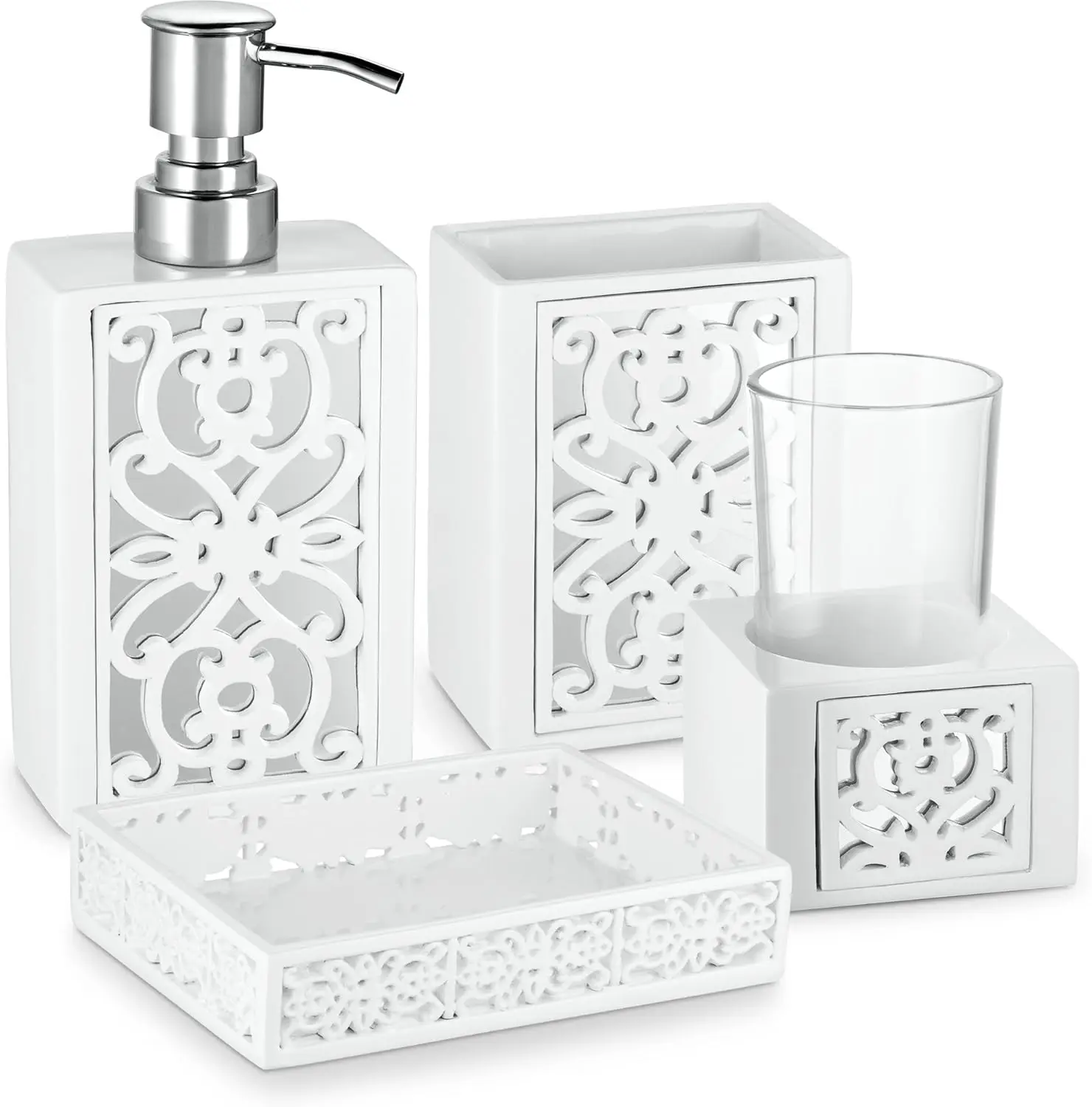 White Bathroom Accessories Set - Decorative 4 Piece Bathroom Set - Mirrored Bathroom Accessory Set includes: Soap Dispenser