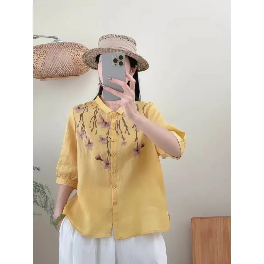 

Ladies Loose Fit Cotton Linen Embroidered Shirt Summer 2026 New Style Casual Elegant Outerwear Versatile Collar Button up