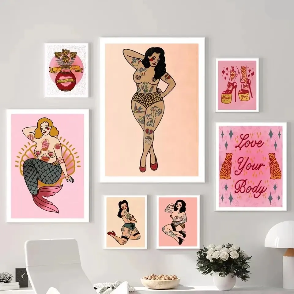 Pink Leopard Girl Feminism Mermaid Retro Wall Art Canvas Painting  Nordic Posters and Prints for Living Room Decor