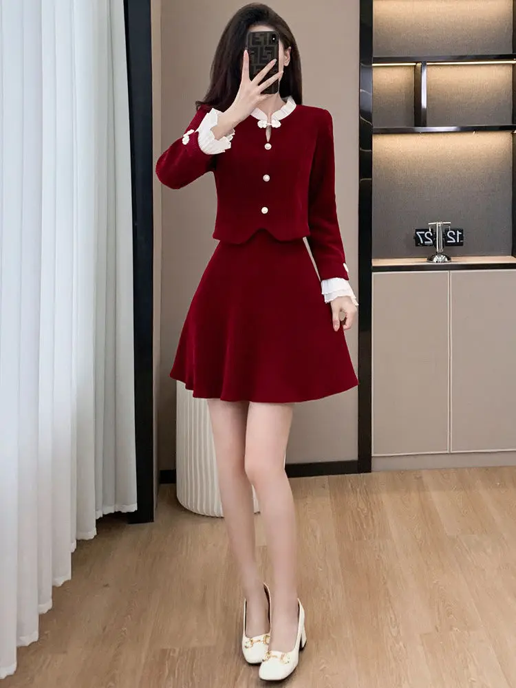 New Chinese Style Improved Cheongsam Two-Piece Set for Women Feamle Office Lady: Autumn and Winter Corduroy Red Skirt and Jacket