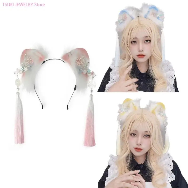 

62KE Cartoon Cat Ear Shape Hair Hoop with Fringe Decors Chinese Style Hair Holder Cosplay Party Headwear for Teenagers Adult