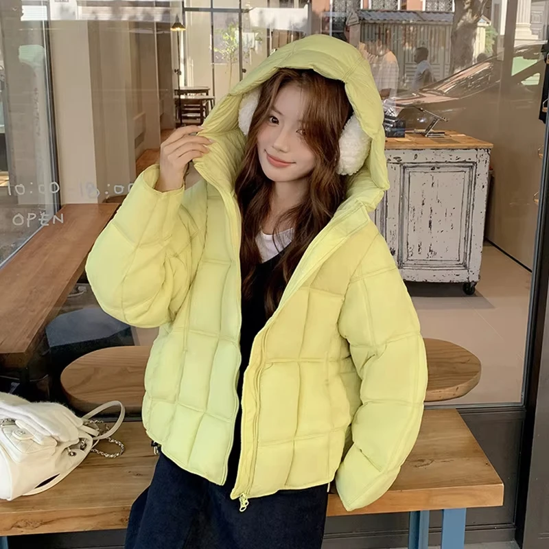 

Women's Loose Hooded Down Cotton Coat Winter Korean Fashion Checked Quilted Jackets Lazy Style Lightweight Puffy Warm Outerwear
