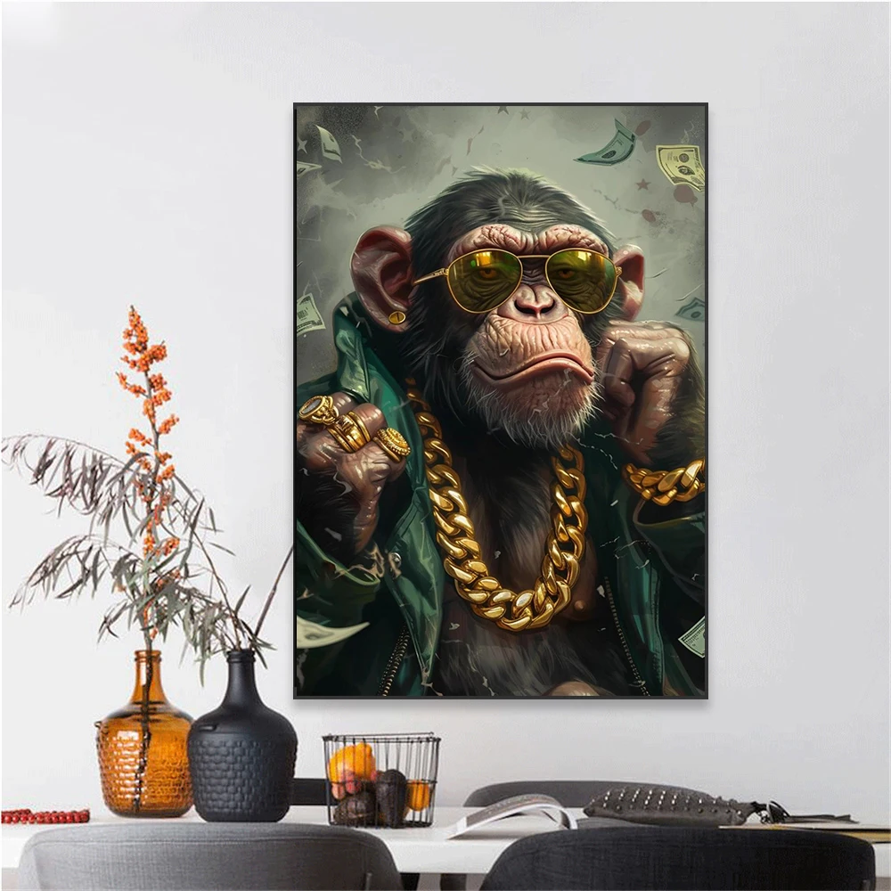 Modern Animal Chimpanzee Art Poster Decor Gold Chain Animal Funny Prints Money Wall Art Canvas Painting Home Office Decor