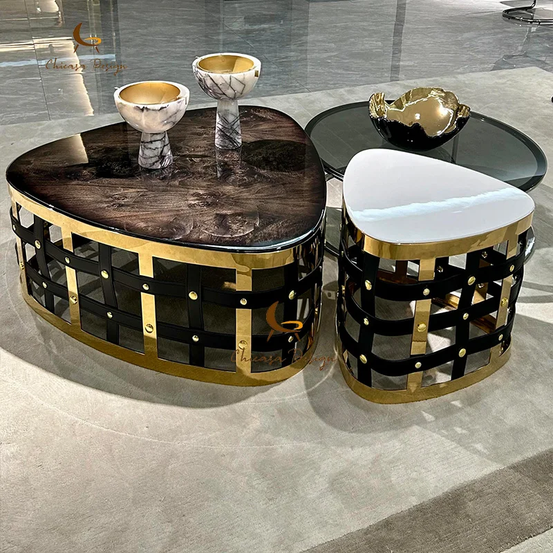 Luxury Stainless Steel Gold Frame Round Coffee Table Modern Marble Top Coffee Table