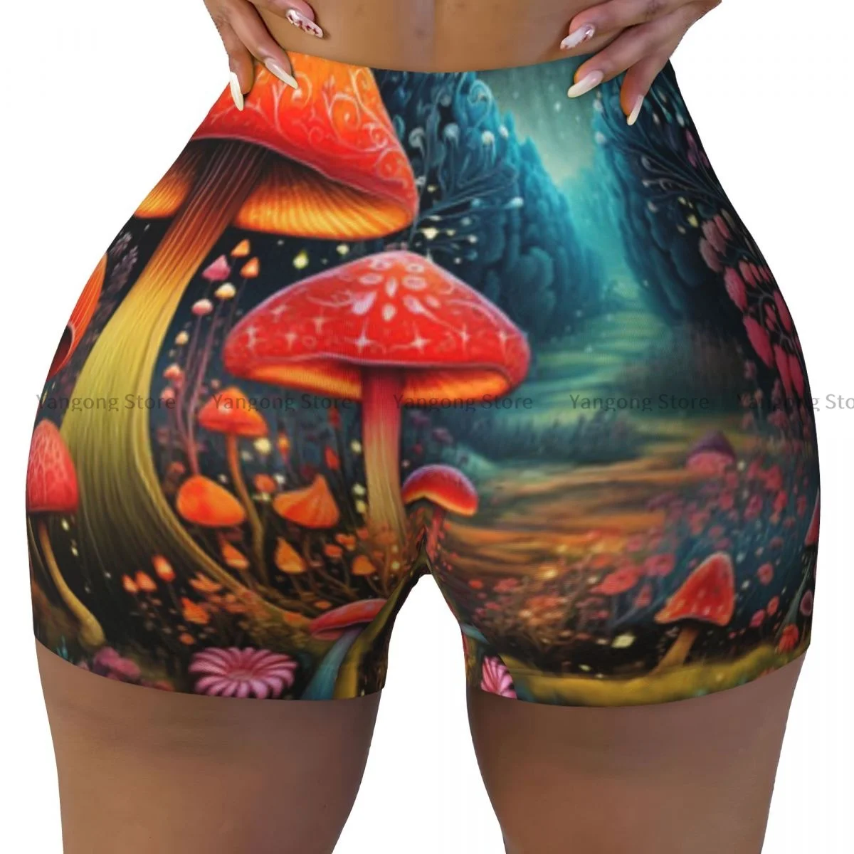 

Spandex Yoga Shorts for Women Forest Landscape With Mushrooms Workout Booty Shorts