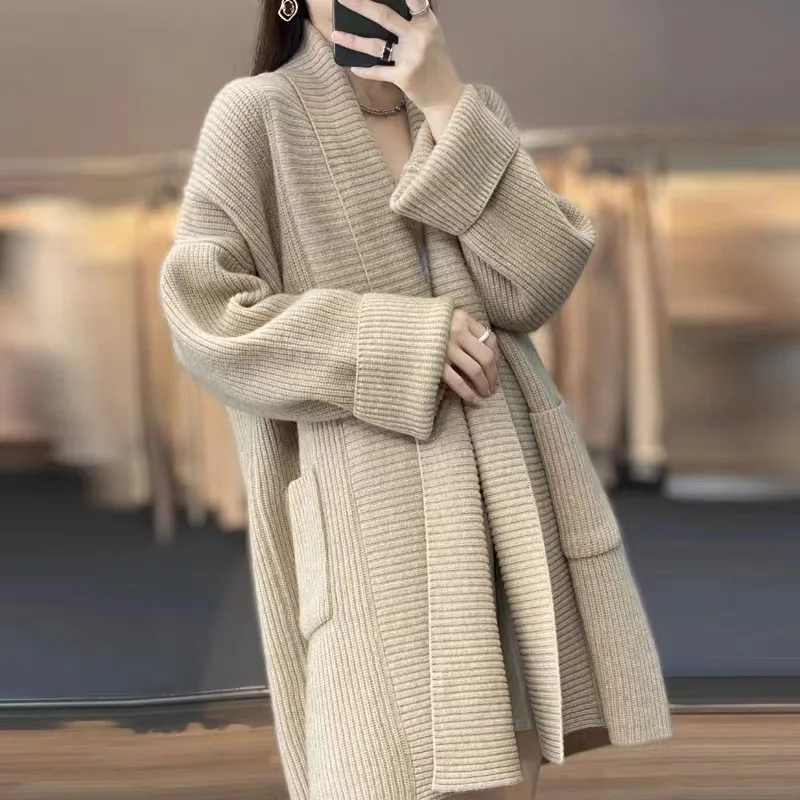 Autumn Winter Thick Solid Color V-neck Sweater Jacket for Female Elegant Korean Lazy Style Warm Mid Length Knitted Cardigan New