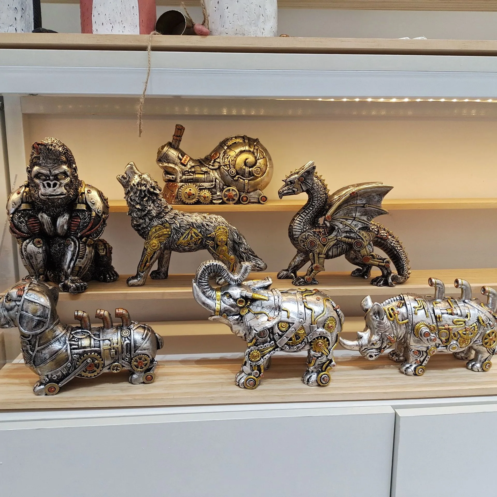 Steampunk Animal Resin Figurines  Mechanical Dog Eagle RhinocerosElephant Hybrid Dragon Gorilla Decor for Desktop/Window Display