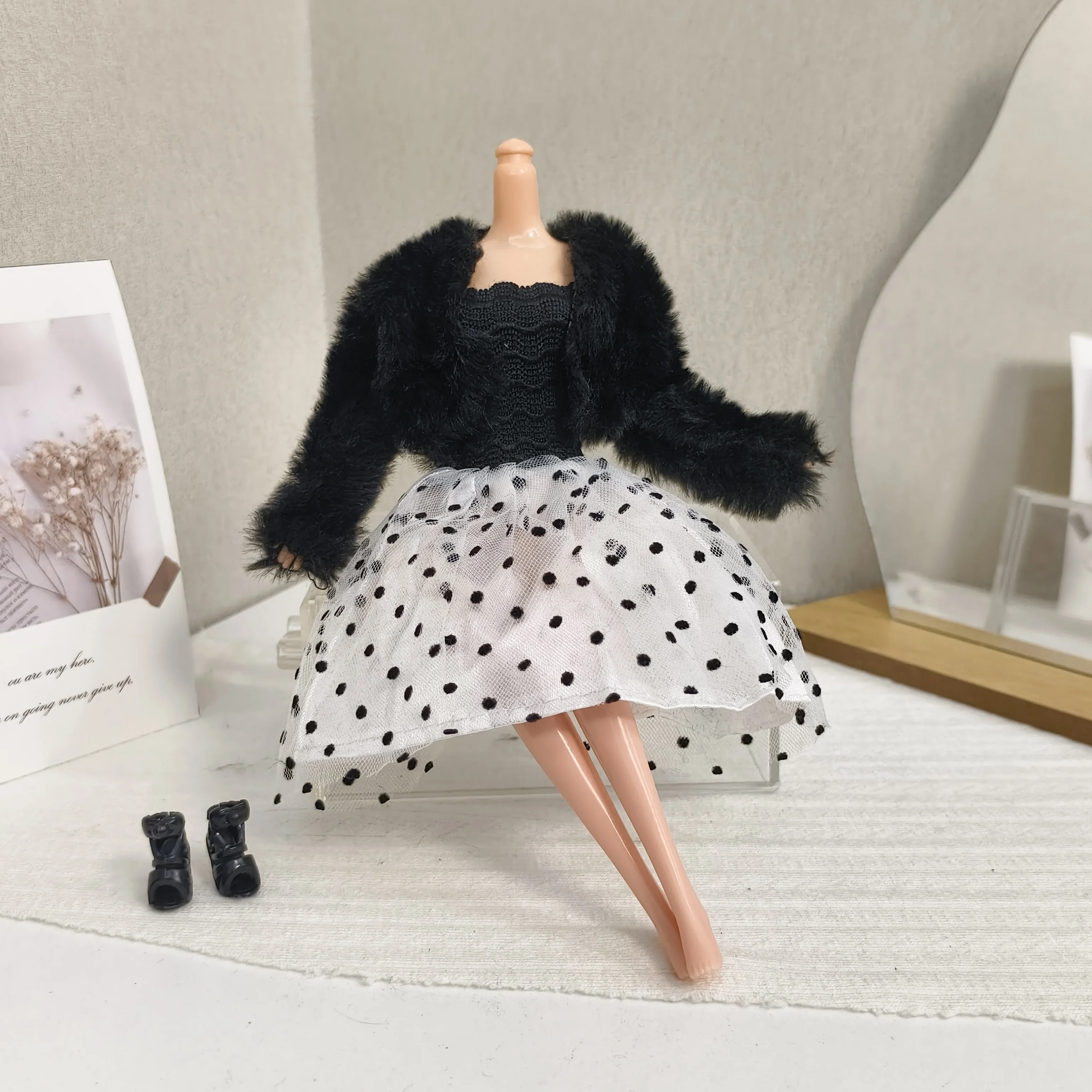 Winter Fashion Plush Jacket + Gentle Polka-dot Dress Set For 1/6 FR Babi Xianxian Supermodel Doll 30cm Doll Clothes Accessories