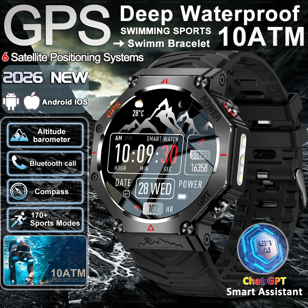 

Новые профессиональные военные смарт-часы для активного отдыха 2026 года с GPS, компасом, Bluetooth-звонками, водонепроницаемостью IP69K/10ATM, для мужчин