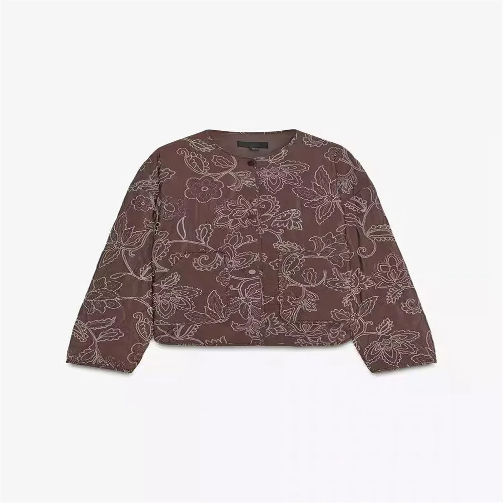 เสื้อแจ็คเก็ตผู้หญิงสไตล์ยุโรปและอเมริกาสำหรับฤดูใบไม้ร่วง คอทรงกลม แขนยาว มีกระเป๋า แต่งลายปัก