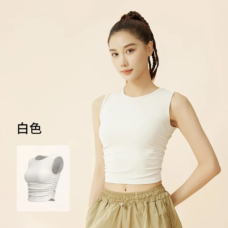 Summer New Pleated Sleeveless Sports Vest Waist Slim Yoga Women's Top