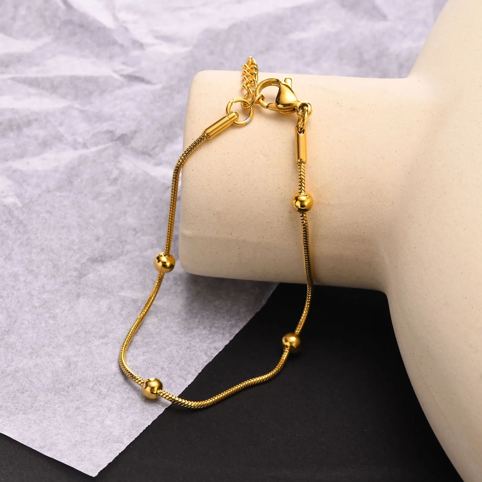New Gold bead Snake Bone Chain Necklace Bracelet Set for Women Stainless Steel Gold Plated Color Charm Personality Accessories image 4