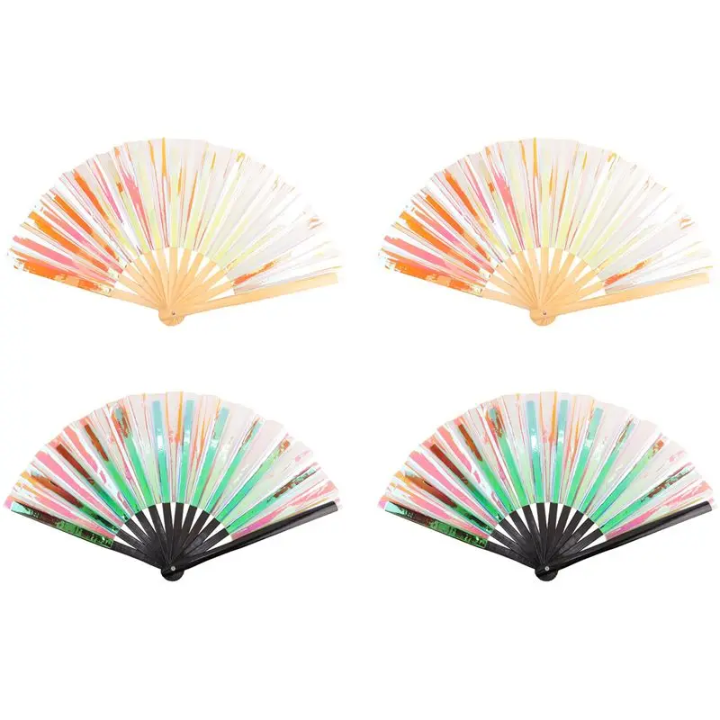 ABRE-4Pcs Hand Fan Foldable Holographic Fan For Burlesque Music Festival Women Men Rainbow Pride