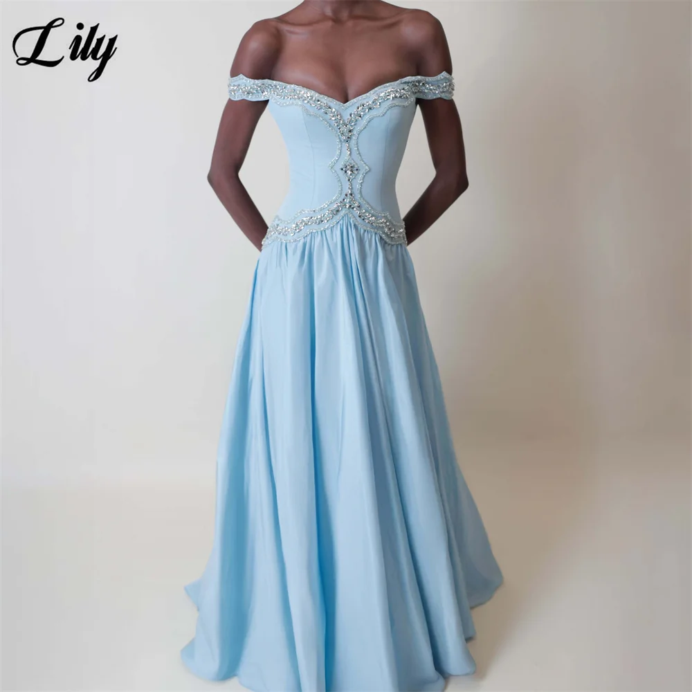 Lily Blue Satin Prom Dresses Off Shoulder Pleated Celebrity Dress Pleated A Line Evening Dress Beaded Crystal 프롬 드레스 Customized