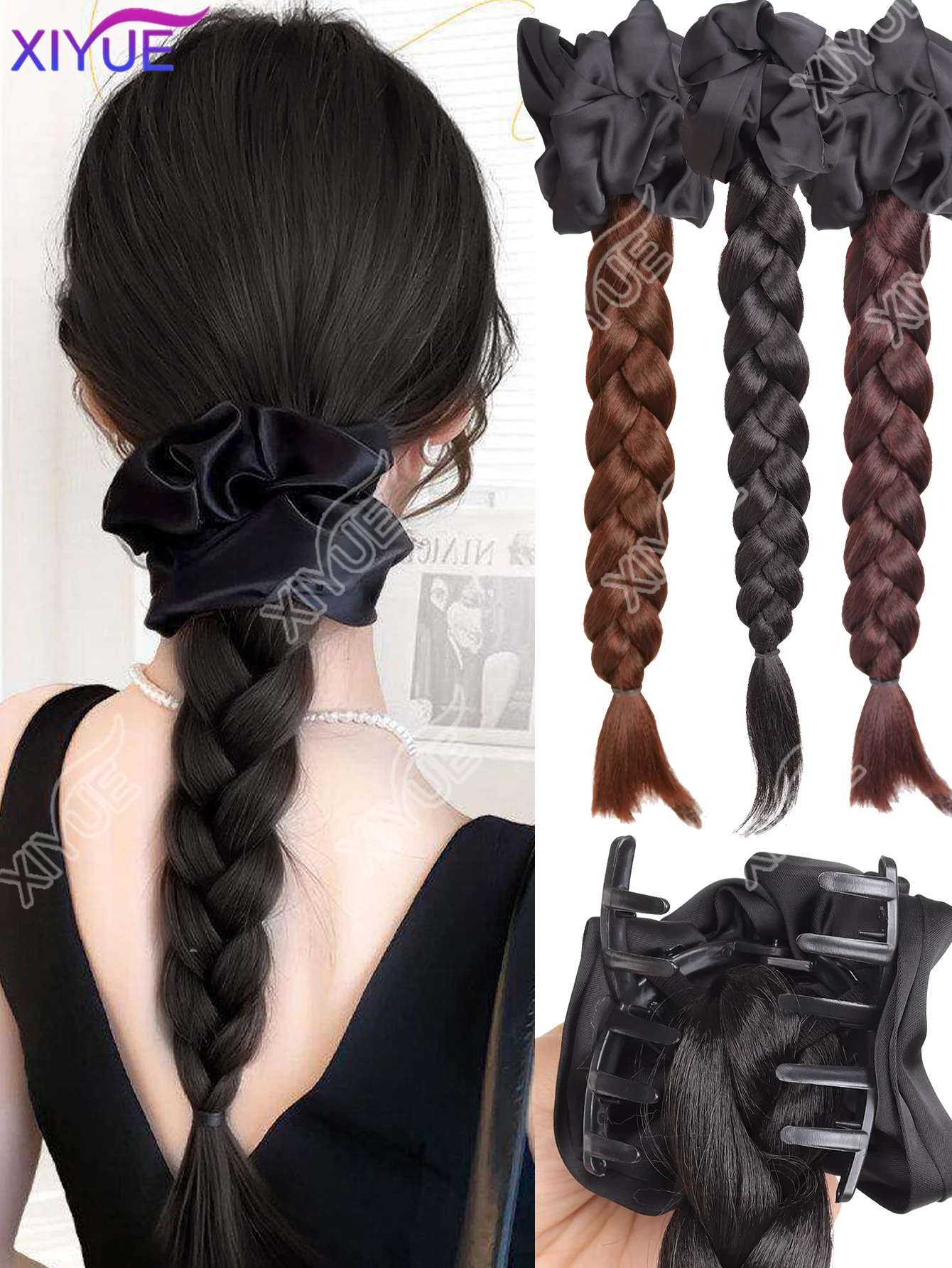 XY Black Hair Ring Claw Clip Synthetic Ponytail Hairband Clip Single Fried Dough Twists Long Braid Low Tied Wig Braid Ponytail