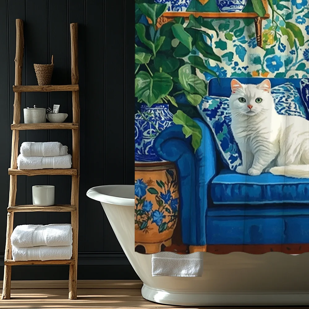 

1pc White Cat on Blue Velvet Sofa Shower Curtain - Tranquil Blue Green Floral Wallpaper Chinese Art Design, Polyester Bathroom D