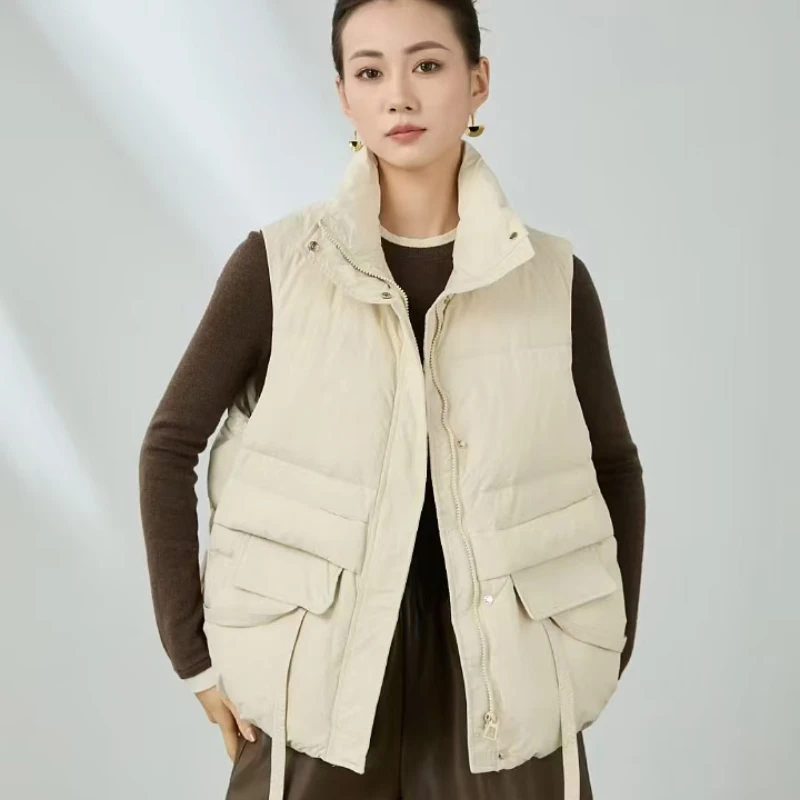 Sleeveless Down Jacket for Women, Stand-up Collar, Thick Warm Vest, Simple Casual Vest Stylish Pocket Short Waistcoat Winter New