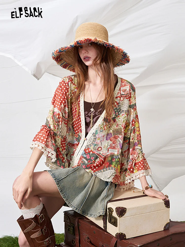 

Элегантная кружевная женская рубашка, летняя новинка, в отпускном стиле, с принтом и пэчворком, красивая укороченная рубашка с V-образным вырезом, рукавом 3/4, свободного кроя