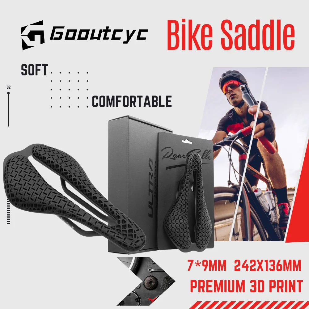 Gooutcyc-sillín de bicicleta con estampado 3D, sillín de bicicleta ultraligero de carbono, 138g, 242x136mm, sillín de bicicleta para bicicleta de carretera, asiento de grava MTB