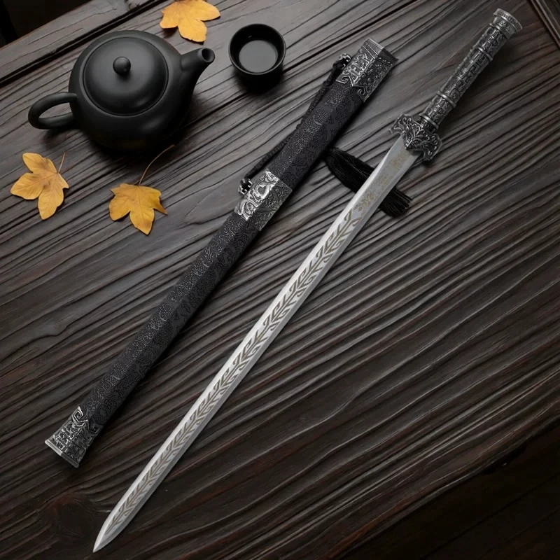 Golden Loong Han Sword Manganese Steel Blade Etched Ancient Pattern Alloy Metal Fittings Solid Wood Leather Wrapped Scabbard